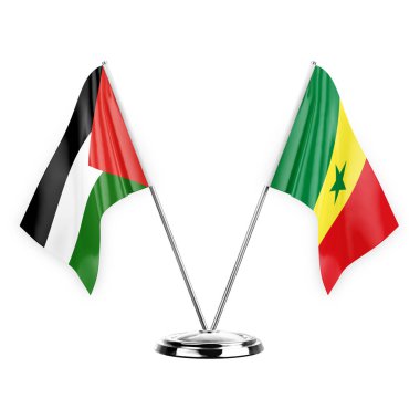 Two table flags isolated on white background 3d illustration, palestine and senegal