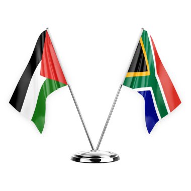 Two table flags isolated on white background 3d illustration, palestine and south africa