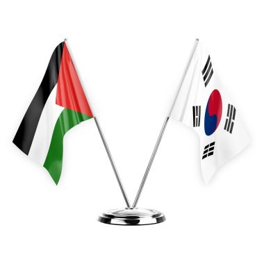 Two table flags isolated on white background 3d illustration, palestine and south korea