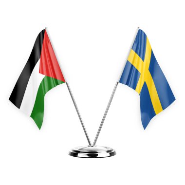 Two table flags isolated on white background 3d illustration, palestine and sweden