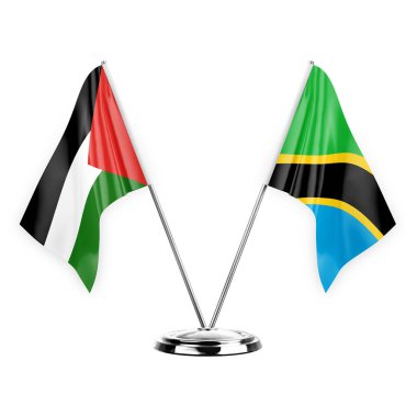 Two table flags isolated on white background 3d illustration, palestine and tanzania