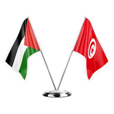 Two table flags isolated on white background 3d illustration, palestine and tunisia