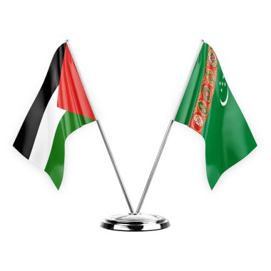Two table flags isolated on white background 3d illustration, palestine and turkmenistan