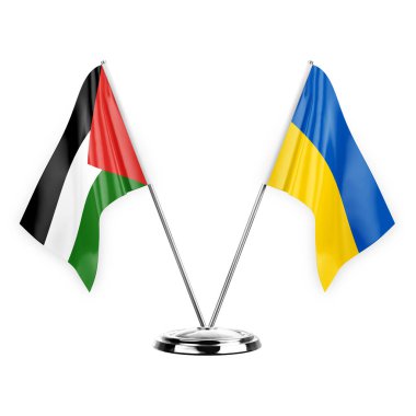 Two table flags isolated on white background 3d illustration, palestine and ukraine