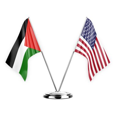 Two table flags isolated on white background 3d illustration, palestine and usa
