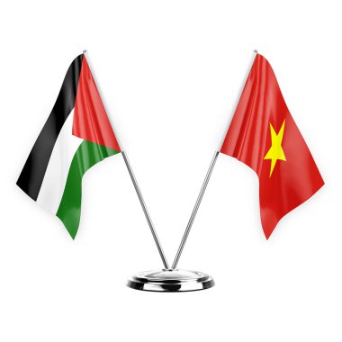 Two table flags isolated on white background 3d illustration, palestine and vietnam
