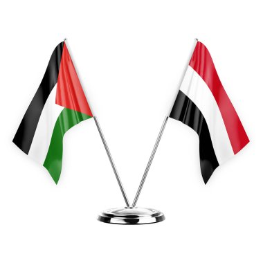 Two table flags isolated on white background 3d illustration, palestine and yemen