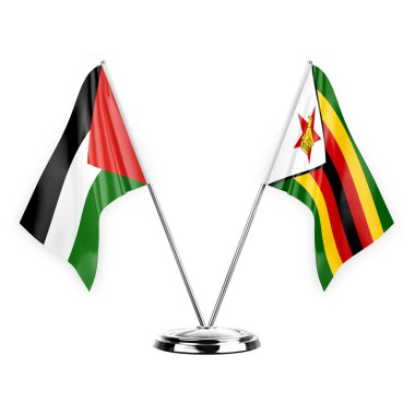 Two table flags isolated on white background 3d illustration, palestine and zimbabwe