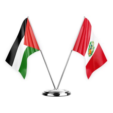 Two table flags isolated on white background 3d illustration, palestine and peru