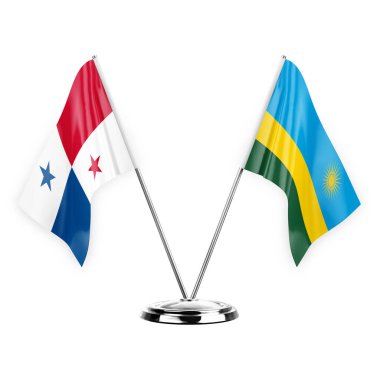 Two table flags isolated on white background 3d illustration, panama and rwanda