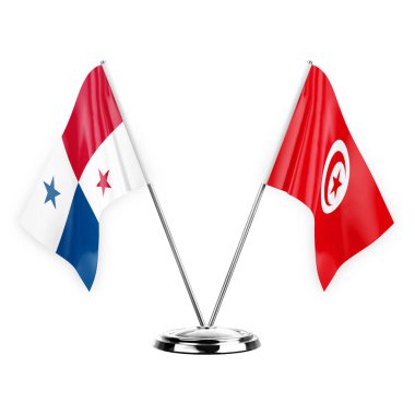Two table flags isolated on white background 3d illustration, panama and tunisia