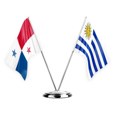 Two table flags isolated on white background 3d illustration, panama and uruguay