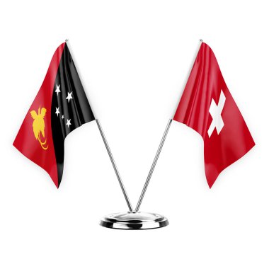 Two table flags isolated on white background 3d illustration, papua new guinea and switzerland