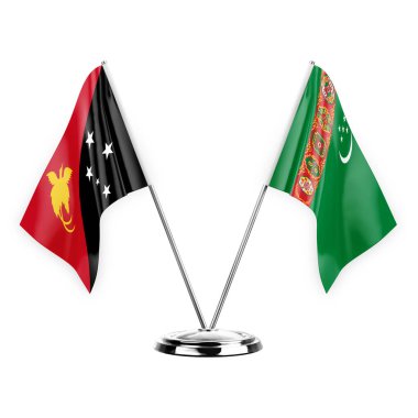 Two table flags isolated on white background 3d illustration, papua new guinea and turkmenistan