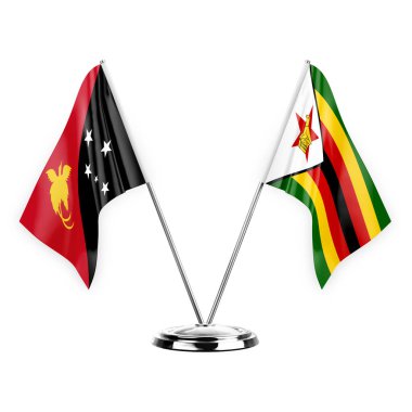 Two table flags isolated on white background 3d illustration, papua new guinea and zimbabwe