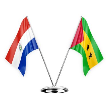 Two table flags isolated on white background 3d illustration, paraguay and sao tome and principe