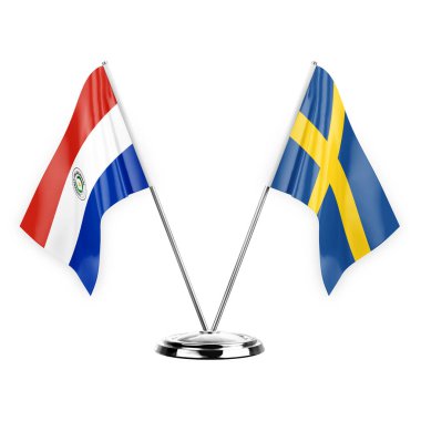 Two table flags isolated on white background 3d illustration, paraguay and sweden