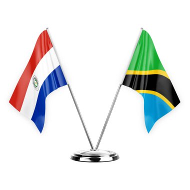 Two table flags isolated on white background 3d illustration, paraguay and tanzania