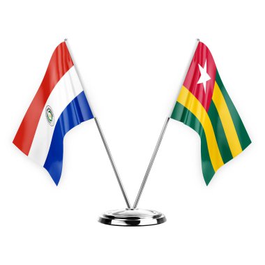 Two table flags isolated on white background 3d illustration, paraguay and togo