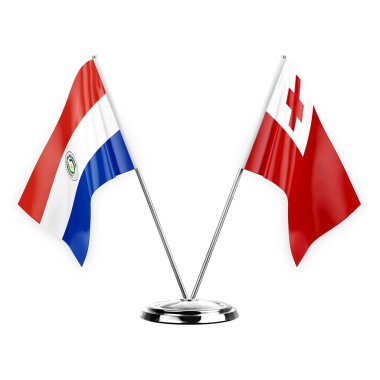 Two table flags isolated on white background 3d illustration, paraguay and tonga
