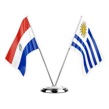 Two table flags isolated on white background 3d illustration, paraguay and uruguay