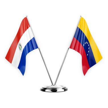 Two table flags isolated on white background 3d illustration, paraguay and venezuela