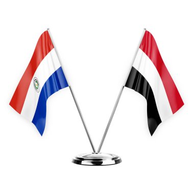 Two table flags isolated on white background 3d illustration, paraguay and yemen