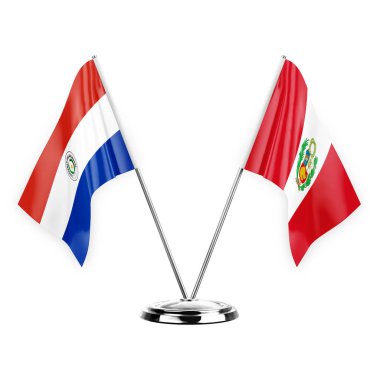 Two table flags isolated on white background 3d illustration, paraguay and peru