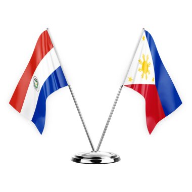 Two table flags isolated on white background 3d illustration, paraguay and philippines