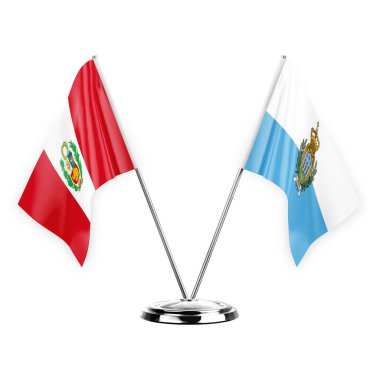 Two table flags isolated on white background 3d illustration, peru and san marino