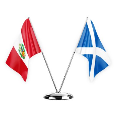 Two table flags isolated on white background 3d illustration, peru and scotland