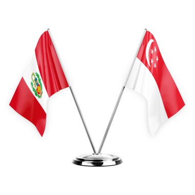 Two table flags isolated on white background 3d illustration, peru and singapore