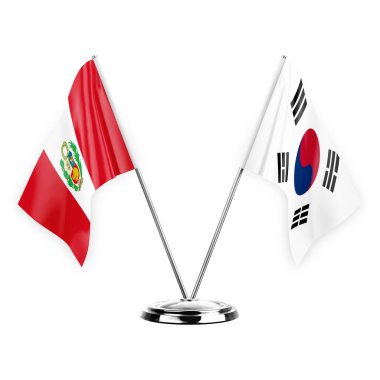 Two table flags isolated on white background 3d illustration, peru and south korea