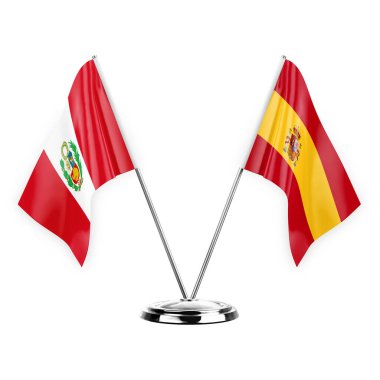 Two table flags isolated on white background 3d illustration, peru and spain