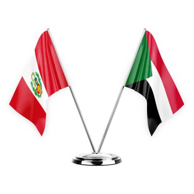 Two table flags isolated on white background 3d illustration, peru and sudan