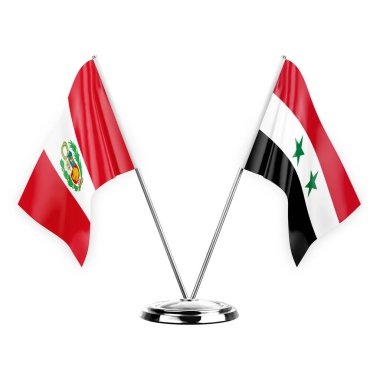 Two table flags isolated on white background 3d illustration, peru and syria