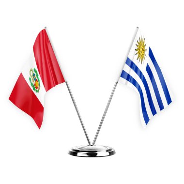 Two table flags isolated on white background 3d illustration, peru and uruguay