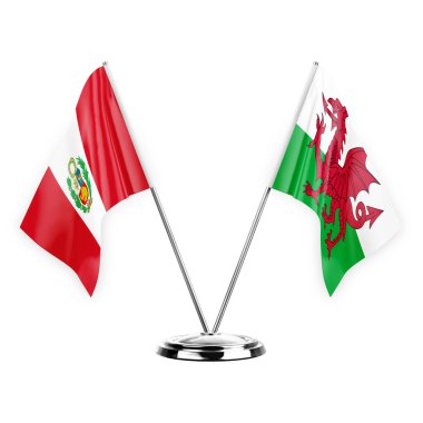 Two table flags isolated on white background 3d illustration, peru and wales