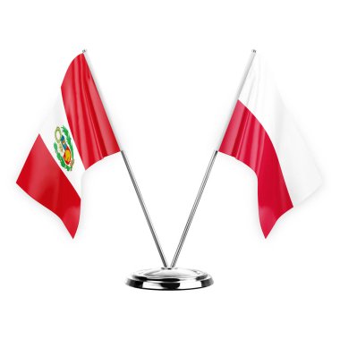 Two table flags isolated on white background 3d illustration, peru and poland