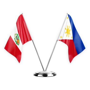 Two table flags isolated on white background 3d illustration, peru and philippines