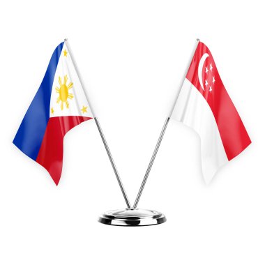 Two table flags isolated on white background 3d illustration, philippines and singapore