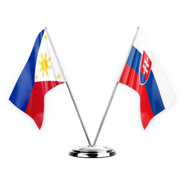 Two table flags isolated on white background 3d illustration, philippines and slovakia