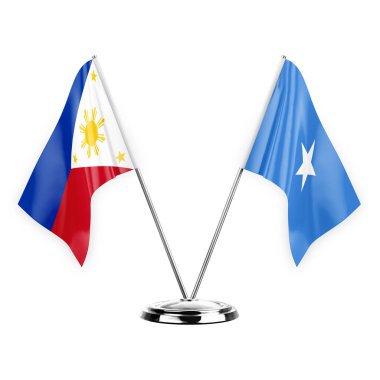 Two table flags isolated on white background 3d illustration, philippines and somalia