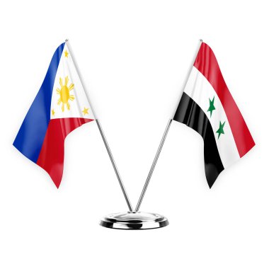 Two table flags isolated on white background 3d illustration, philippines and syria