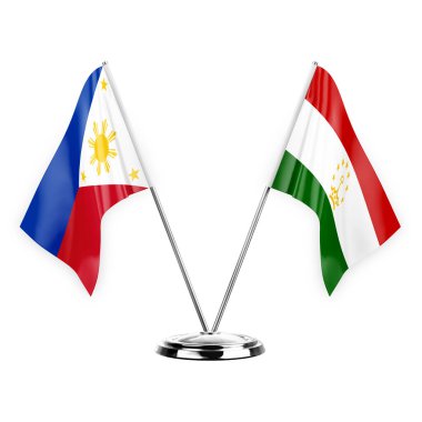 Two table flags isolated on white background 3d illustration, philippines and tajikistan