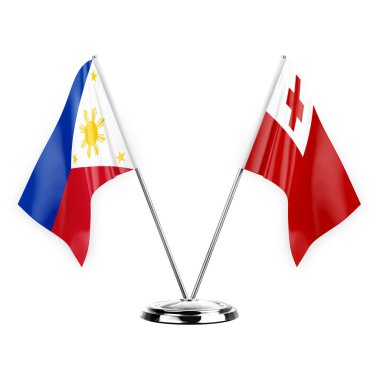 Two table flags isolated on white background 3d illustration, philippines and tonga
