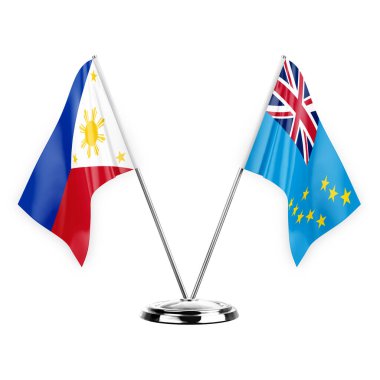 Two table flags isolated on white background 3d illustration, philippines and tuvalu
