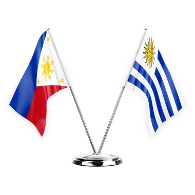 Two table flags isolated on white background 3d illustration, philippines and uruguay