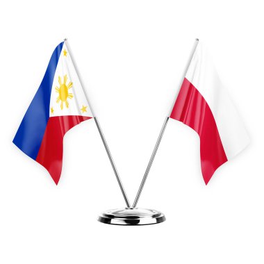 Two table flags isolated on white background 3d illustration, philippines and poland