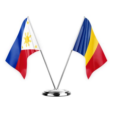 Two table flags isolated on white background 3d illustration, philippines and romania